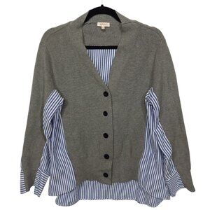 Button-Front Grey Sweater Cardigan with Blue Stripe Shirt Detail